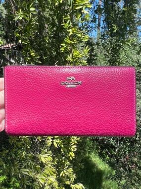COACH Bifold Snap Wallet Womens Pink Pebble Leather Cardholder w Silver Hardware